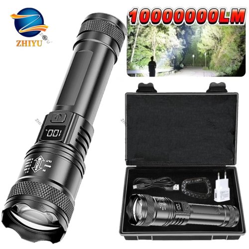 Image of Rechargeable LED Flashlight Zoomable Torch with LCD Display 3 Modes Waterproof High Power Hand Light Outdoor Wilderness Camping