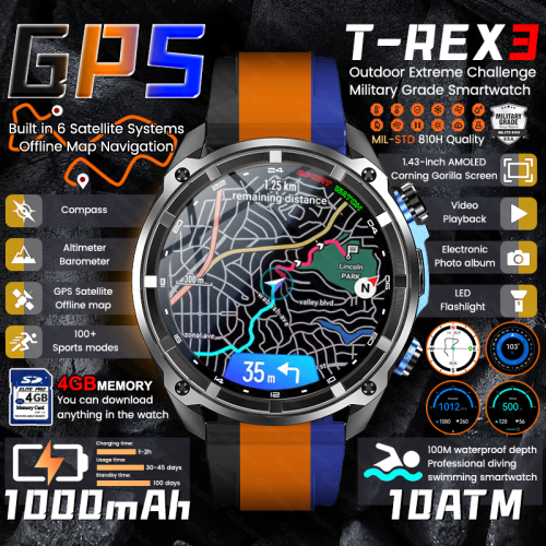 Afbeelding van Militaire Smartwatch voor Mannen met GPS, Kompas en Waterdichte Constructie – T-Rex 3 met 4GB Geheugen en 1000mAh Batterij