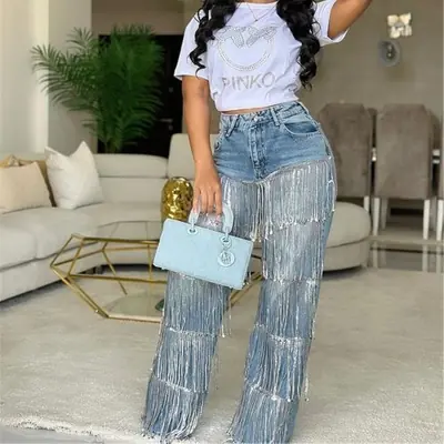 Image de Pantalon Jeans Femme Vintage à Paillettes - Style Streetwear 2025