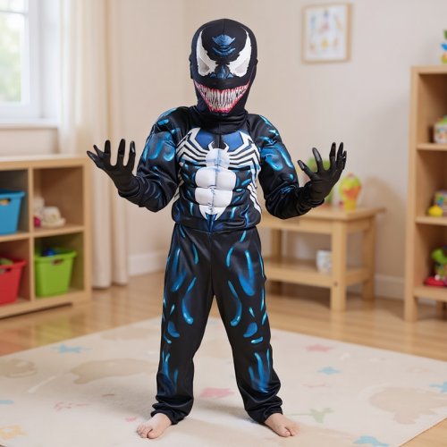 Imagen de Disfraz de Superhéroe Mono con Máscara de Araña Venom para Niños y Niñas – Traje de Cosplay con Guantes Negros para Fiesta de Halloween y Juego de Rol (3-12 Años)