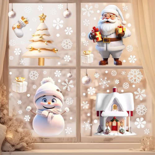 Imagen de Adhesivos Decorativos Navideños con Muñeco de Nieve, Copo de Nieve y Santa Claus - Pegatinas Electrostáticas para Ventanas, Paredes y Habitaciones - Decoración de Interiores para Año Nuevo