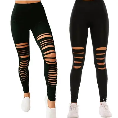 Image de Leggings noirs déchirés femme, coupe slim et extensibles