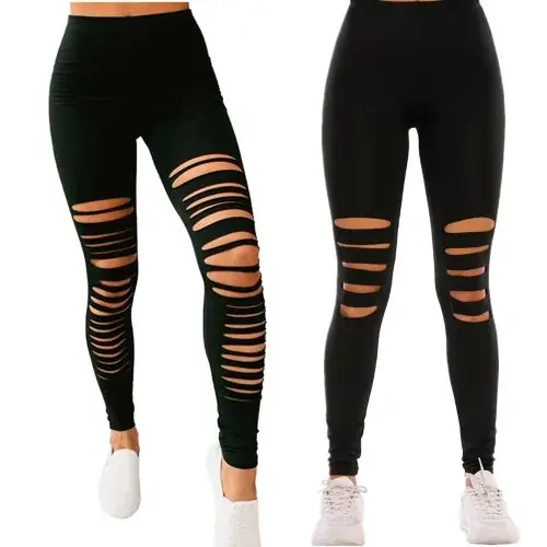 Image de Leggings noirs déchirés femme, coupe slim et extensibles