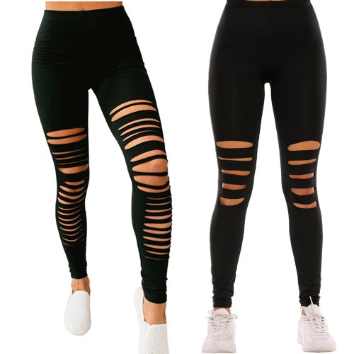 Image of Women's Summer Sexy Hollow-Out Ripped Leggings - Fashionable Elastic Stretch Slim Fit Casual Skinny Trousers in Candy Solid Colors