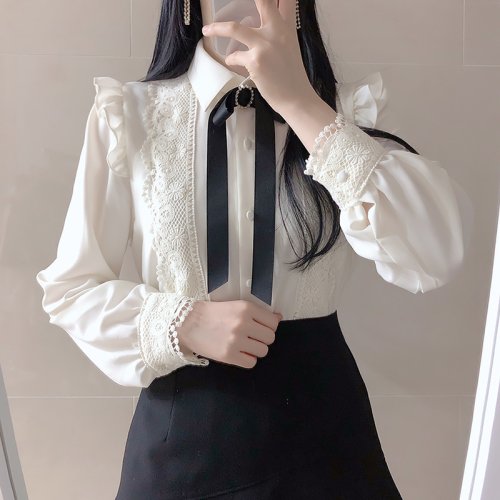 Image of Elegant Women's Preppy Style White Button-Down Shirt – Cute, Sweet, and Professional for Office or Casual Wear