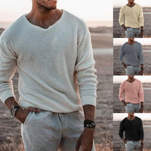 Zdjęcie Męski sweter z dzianiny w stylu europejskim i amerykańskim – luźny, swobodny pulower z dekoltem w kształcie litery V, długie rękawy, plus size, idealny na co dzień