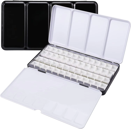 Imagen de Paleta de acuarela de Metal vacía, caja de lata, estuche de pintura con 52 medias sartenes, paleta plegable para paleta de viaje de acuarela