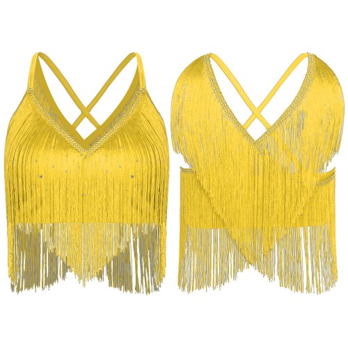 Imagen de Tops cortos de baile latino para mujer, chaleco, Salsa, Rumba, Samba, traje de competición, sin mangas, camisola con flecos cruzados en la espalda