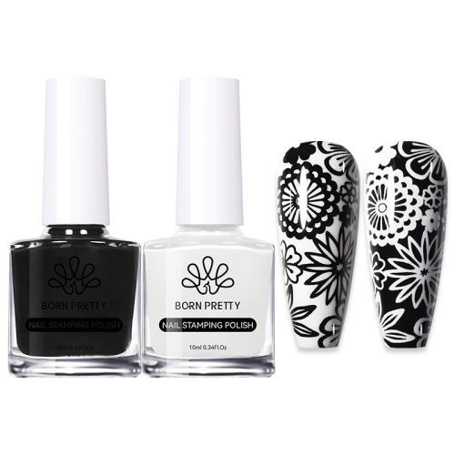 Immagine di Set di Smalti per Stamping Unghie 2 Pezzi 10ml Nero e Bianco con Olio per Stamping, Vernice Oro e Argento per Nail Art Professionale