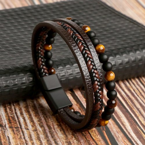 Afbeelding van Stijlvolle Lederen Armband met Tijgeroog Kralen voor Mannen