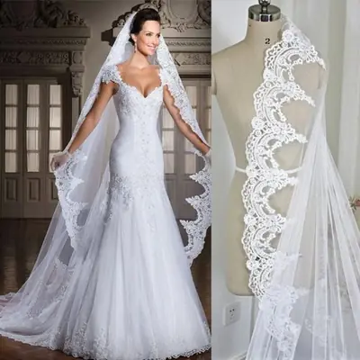 Image de Voile de Mariée Longue Dentelle Blanc Ivoire - 3m, 4m, 5m