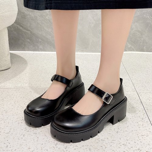 Afbeelding van Elegante Zwarte Mary Jane Schoenen met Platform en Dikke Hak – Japanse Lolita Stijl voor Vrouwen in Lakleer