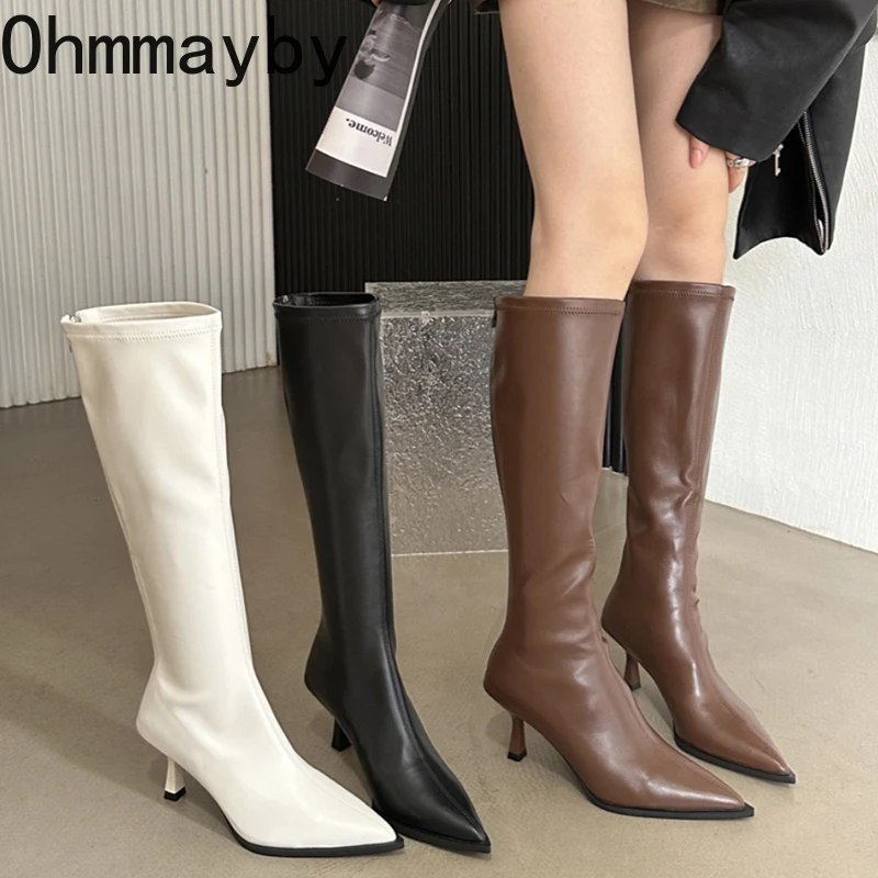 Image of Soft Leather Pointed Toe Knee High Boots with High Heels and Side Zipper – Elegant Women's Stretch Long Boots for Modern Style