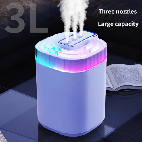 Immagine di Umidificatore ad ultrasuoni da 3 litri Umidificatore a nebbia fredda con luce notturna e tre ugelli Umidificatore aromatico USB silenzioso per la casa