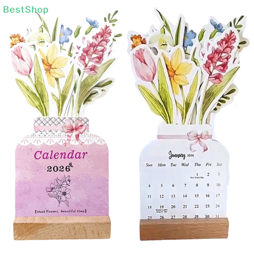 Imagen de Calendario de Escritorio 2026 con Marco de Madera, Mini Calendario de Pie en Forma de Jarrón para Oficina y Hogar