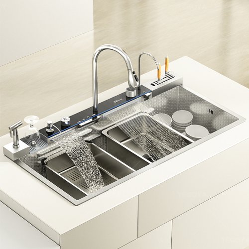 Image of Stainless Steel Kitchen Sink with Waterfall Faucet and Digital Display – Large Single Bowl for Dishwashing and Vegetable Prep