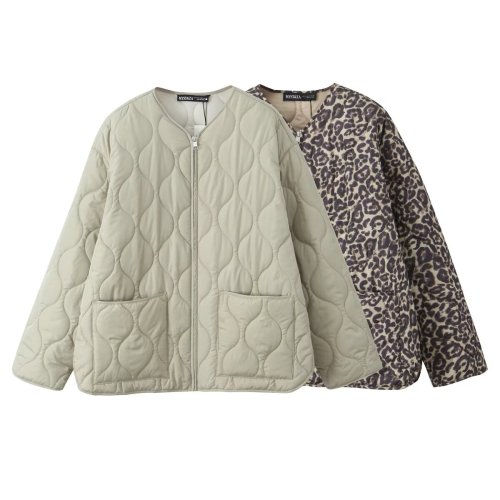Image of Stylish Autumn Winter Women's Round Neck Long Sleeve Cotton Jacket with Curled Edge and Zipper Closure