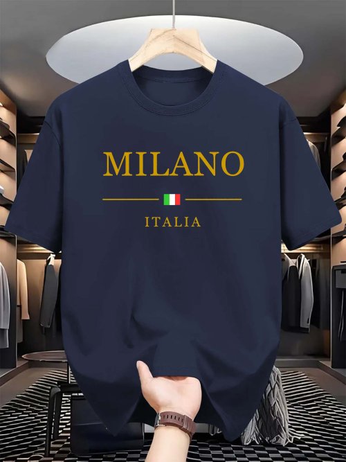Image of Men's Summer 100% Cotton Fashionable Casual Loose Fit Plus Size Milano Italia Pattern Printed Sports Round Neck Short Sleeve T-Shirt