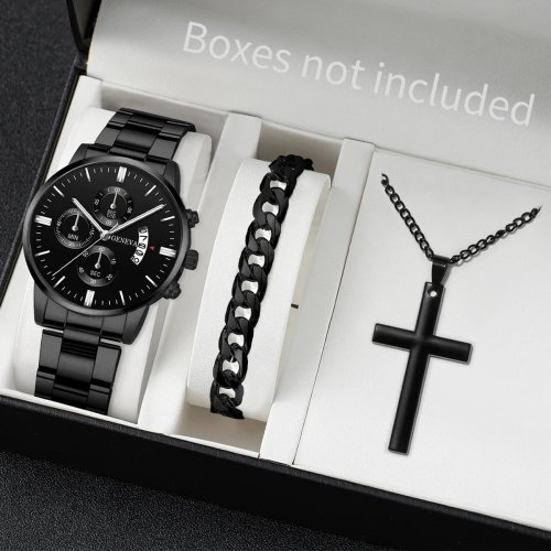 Image of Elegant Men's Watch Set with Classic Round Quartz Timepiece, Matching Bracelet and Necklace – Perfect Business Gift for Him
