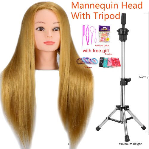 Imagen de Cabeza de Maniquí con Pelo Sintético 100% Realista para Entrenamiento de Peluquería y Cosmetología - Incluye Trípode Ajustable para Peinados y Trenzas