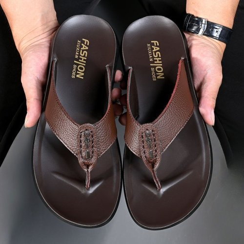 Image of Premium Genuine Leather Men's Flip Flops – Stylish Summer Beach Sandals with Soft Comfortable Soles for Casual Outdoor Wear