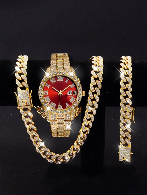 Immagine di Orologio da Uomo al Quarzo con Specchio Strass e Diamanti, Set di 3 Pezzi in Lega di Lusso con Calendario, Braccialetti e Collana Cubana Hip Hop