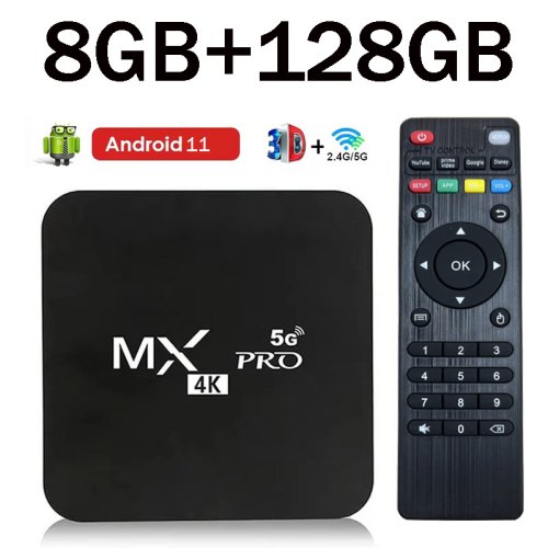 Image of MX Pro TV Box with 8GB RAM and 128GB Storage, Android 11, 4K Ultra HD, Dual Band 2.4GHz & 5GHz WiFi, Quadruple Core Processor, H.265 3D Support, Built-in IPTV for Smart Home Entertainment