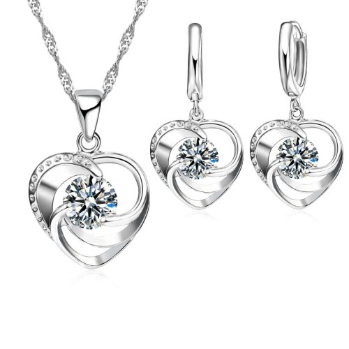 Bild von Gestempeltes Halsketten-Ohrring-Set aus 925er-Sterlingsilber, lange Kette, süßer romantischer Stil, Liebesherzform für Frauen, Dame, Frau