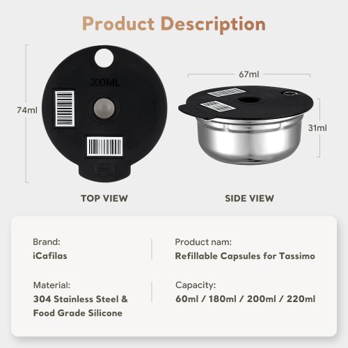 Bild von Nachfüllbare Edelstahl-Kaffeefilter für Bosch Tassimo Suny, Happy & Vivy – Kompatibel mit Kaffeekapseln, Silikonhülle, 60–220 ml