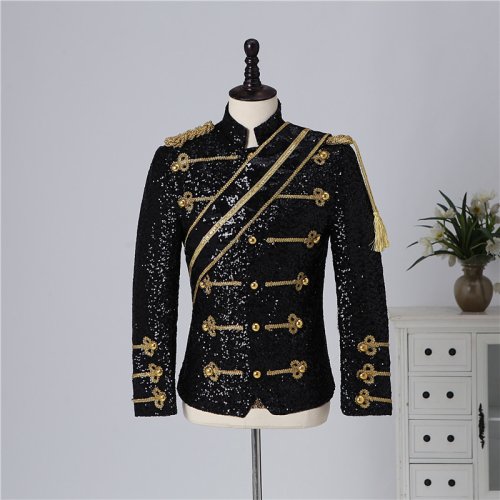 Immagine di Abito da Performance Moderno con Paillettes per Uomo, Costume da Cantante Rock Stile Michael Jackson, Giacca con Colletto Rialzato per Banchetti e Spettacoli