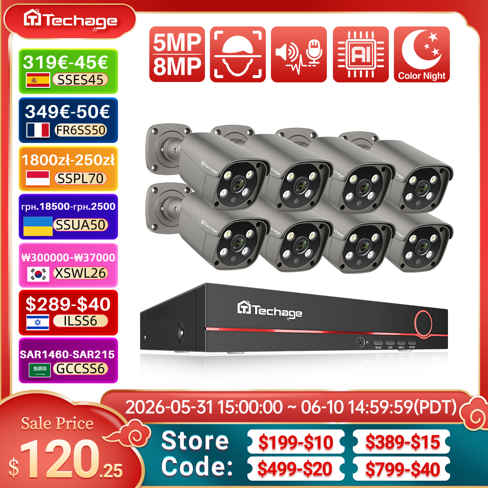 Imagen de Techage 8CH 5MP 8MP sistema de cámaras de seguridad 4K HD POE NVR Kit Audio bidireccional detección ...