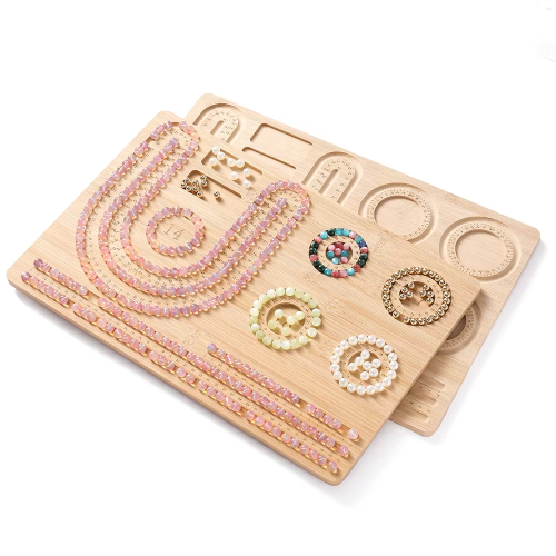 Image of Natural Wood Flocked Beading Tray with Bamboo Measuring Tools – DIY Jewelry Making Kit for Bracelets, Necklaces & More