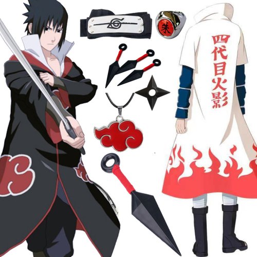 Image of Authentic Akatsuki Cosplay Costume Uchiha Itachi Red Cloud Cloak with Headband and Props for Anime Fans and Halloween Events