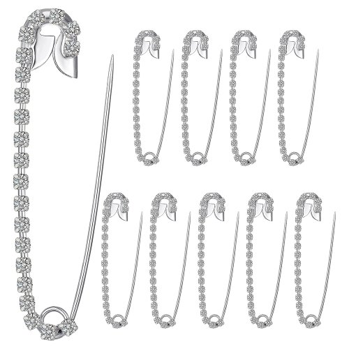 Image of Elegant Silver Tone Rhinestone Safety Pins – 10-Pack Large Nickel-Finish Clothing Pins for Fashion, Crafting & DIY Projects