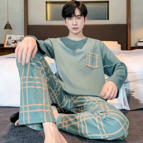 Image of Cozy Autumn & Winter Men's Two-Piece Striped Pajama Set – Long Sleeve Top and Long Pants for Comfortable Sleepwear and Loungewear