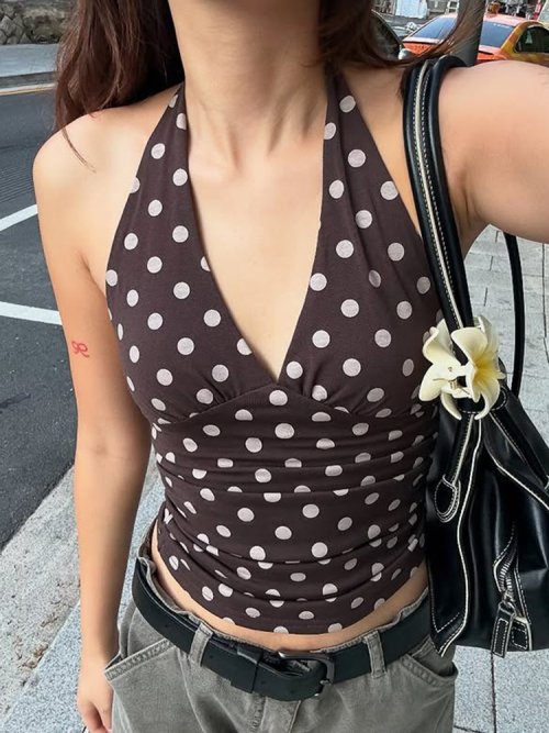 Afbeelding van Stijlvolle Polkadot Print Vest voor Dames met Y2K Inspiratie, Backless Halter Halsband, Skinny Fit en Lace-Up Rug – Trendy Zomer Top voor Dagelijks Draagbaar Streetwear