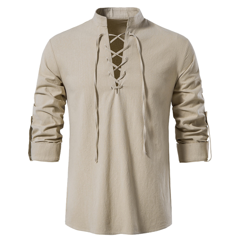 Image of Men's Pirate Shirt with Viking, Renaissance, Medieval, Gothic & Victorian Style - Casual Cotton Linen Lace-Up Hippie Costume Top for Halloween and Cosplay