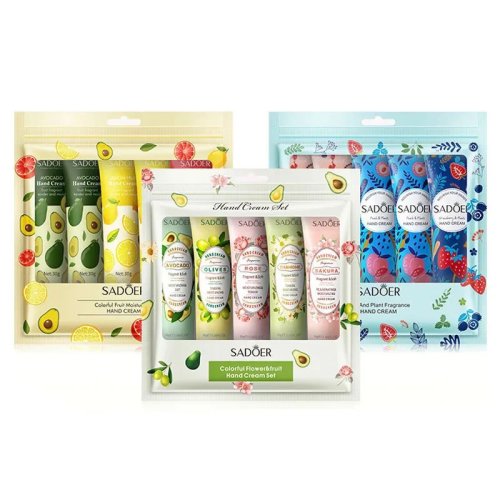 Imagen de Set de 5 cremas naturales para manos con aroma a frutas y plantas, hidratación profunda y reparación intensiva
