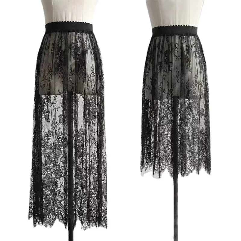 Image of Elegant Black High-Waisted Midi Skirt with White Lace Overlay and Transparent Tulle Layer – Women's Elastic Waist Beach-Style Fashion Skirt in Two Lengths