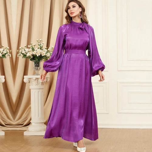 Image of Elegant Bow Tie Neck Full-Cover Eid & Ramadan Gown with Puff Sleeves – Moroccan-Inspired Muslim Abaya Dress for Women