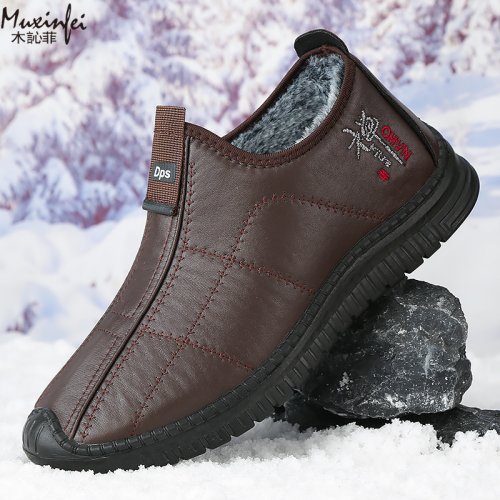 Immagine di Scarpe invernali da uomo in cotone caldo peluche stivali da neve spessi superficie in pelle casual stivali da uomo impermeabili antiscivolo taglie forti 39-48