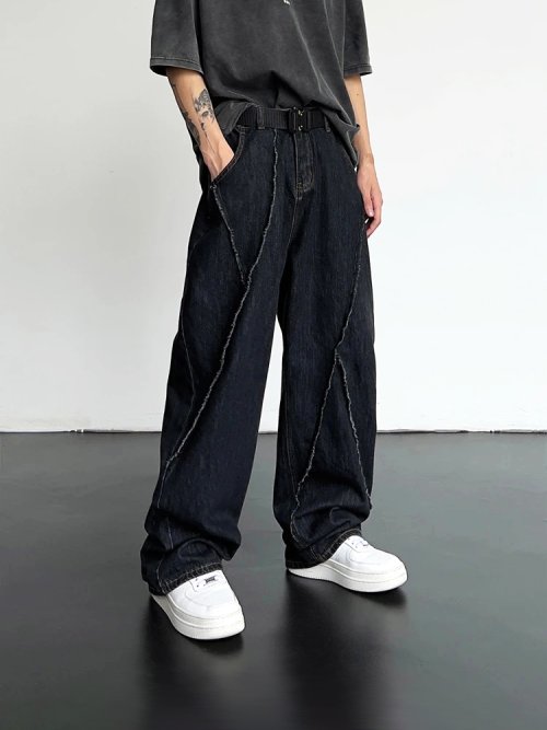 Afbeelding van Herren Hip Hop Jeans met Gescheurde Patchwork Detail – Oversized Losse Wijdbeens Broek voor Casual Streetwear Stijl
