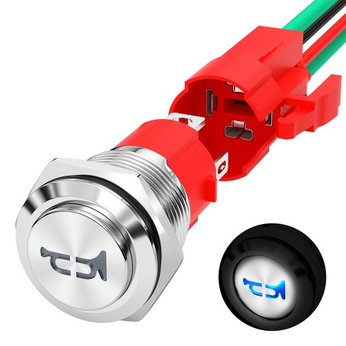 Immagine di Interruttore a Pulsante per Clacson 12V 20A in Acciaio Inossidabile con LED Blu - Interruttore Momentaneo da 16mm per Auto e Veicoli Pesanti