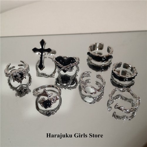Image of Vintage Punk Harajuku Goth Open Ring with Black and Silver Thorns, Irregular Heart and Cross Design for Women and Men – 90s Y2K Grunge Fashion Jewelry