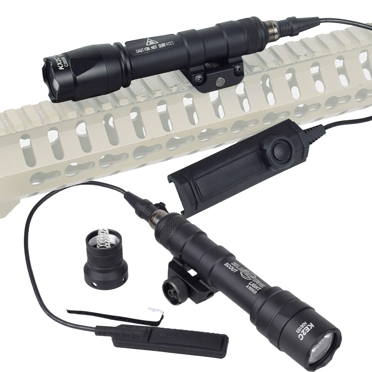 Image of Tactical SureFire M600 Series LED Flashlight for Airsoft, Hunting, and Rifle Use – High-Performance Scout Torch with Remote Switch for AR15 and Other Firearms