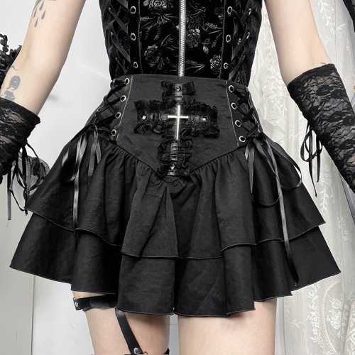 Image of Gothic Black Lace Cross Mini Skirt Y2K Grunge Punk High Waist Pleated A-Line Vintage Women's Fashion Skirt