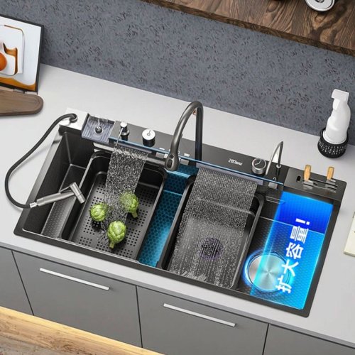 Image of Premium Stainless Steel Kitchen Sink with Digital Display Faucet, Large Single Bowl, Waterfall & Rain Spray, 5-Function System Dish Basin