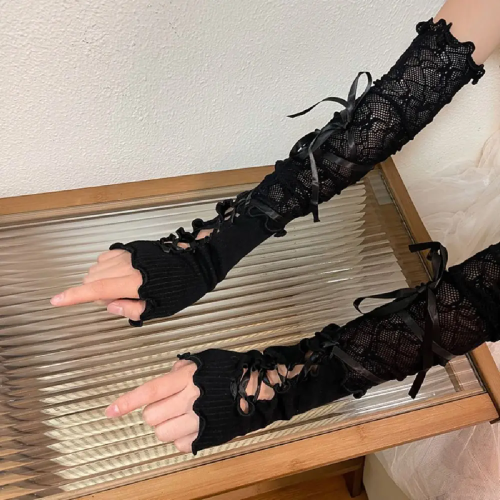 Imagen de Guantes sin Dedos de Encaje Lolita y Gótico para Mujer, Estilo JK con Flejes, Manga Elástica de Malla, Protección Solar y Accesorio Punk DIY