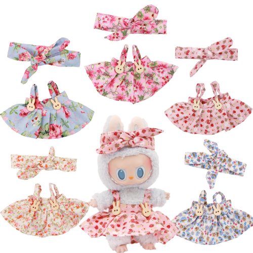 Bild von Labubu Puppenkleidung Set für 15-17 cm Plüschpuppe – Blumenrock, Neckholder-Kleid, Haarband, 2-teilig – Anziehspielzeug Zubehör für Baumwollpuppen, ideales Geschenk für Fans