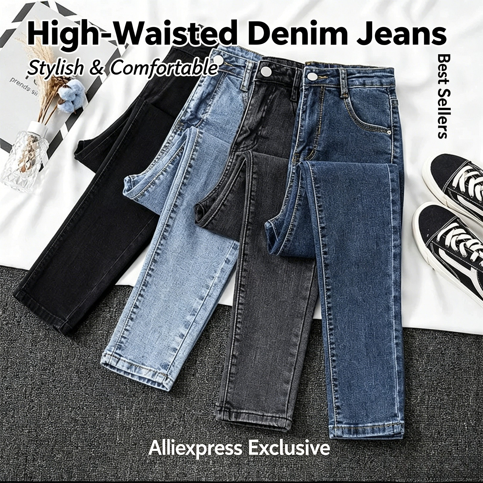 Image of Black Grey Jeans Women's Slimming Cropped Pants Chic Versatile Student Short Trousers Long Pants Slim Fit Sihouette Smoothing
